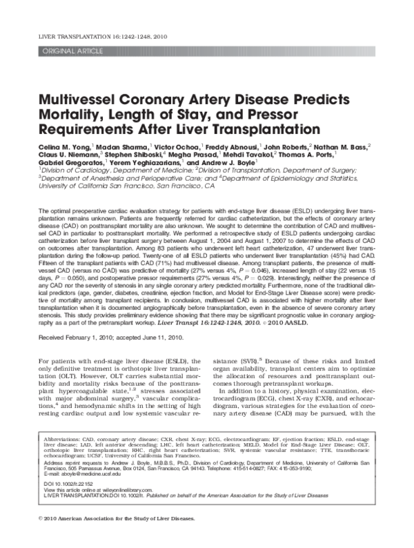 (PDF) Multivessel coronary artery disease predicts mortality, length of ...