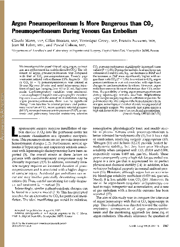 (PDF) Argon Pneumoperitoneum Is More Dangerous than CO2