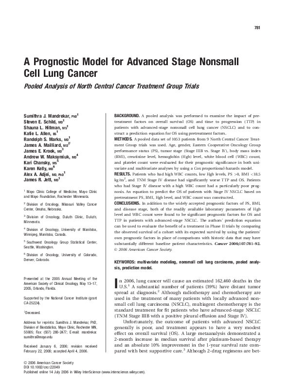 (PDF) A prognostic model for advanced stage nonsmall cell lung cancer