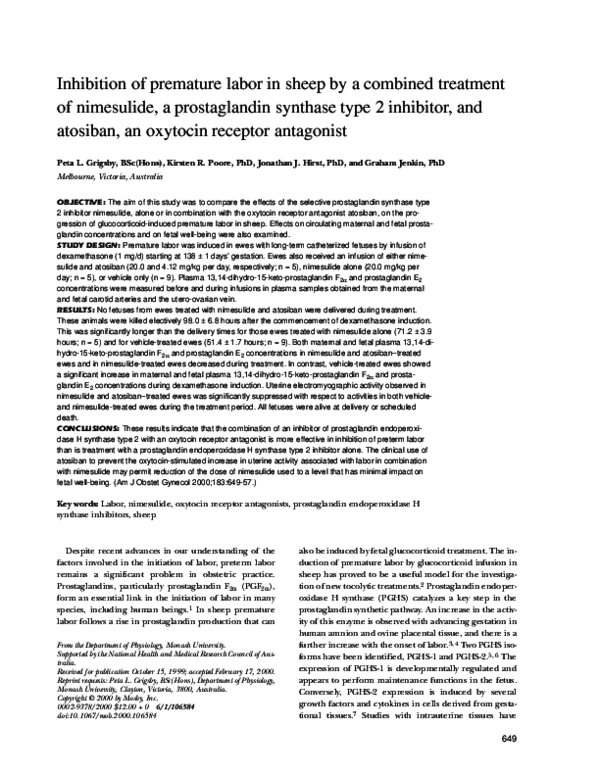 (PDF) Inhibition of premature labor in sheep by a combined treatment of
