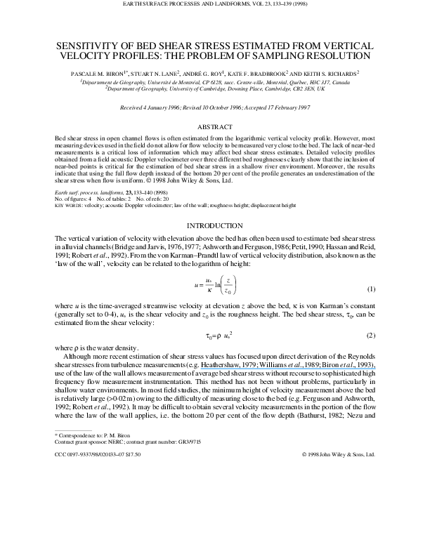PDF) Sensitivity of bed shear stress estimated from vertical velocity  profiles: the problem of sampling resolution | Pascale Biron - Academia.edu