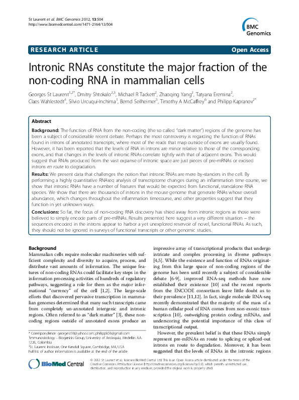 (PDF) Intronic RNAs constitute the major fraction of the non-coding RNA ...