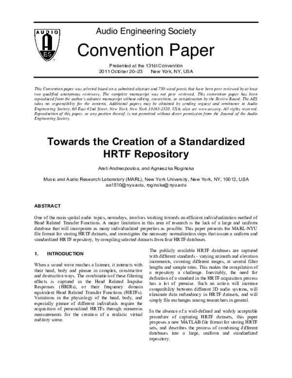 (PDF) Towards the creation of a standardized HRTF repository