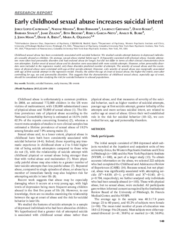 (PDF) Early childhood sexual abuse increases suicidal intent