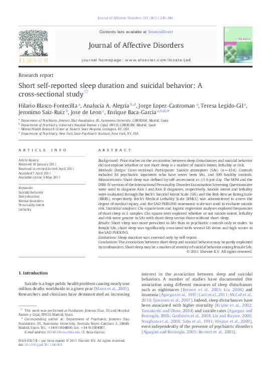 (PDF) Short self-reported sleep duration and suicidal behavior: A cross ...