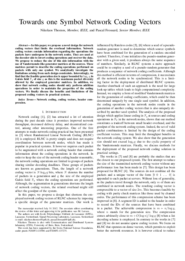 (PDF) Toward One Symbol Network Coding Vectors