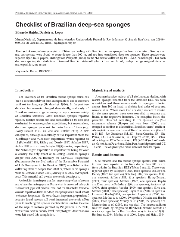 (PDF) Checklist of Brazilian deep-sea sponges