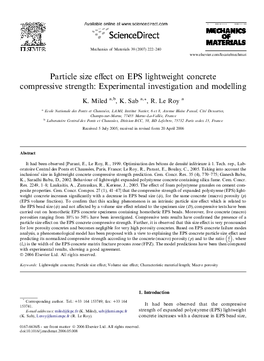 Pdf Particle Size Effect On Eps Lightweight Concrete Compressive Strength Experimental Investigation And Modelling K Miled And Karam Sab Academia Edu