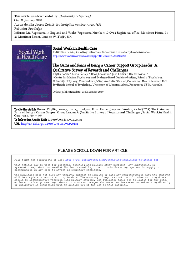 (PDF) The gains and pains of being a cancer support group leader : a ...