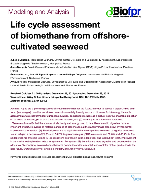 (PDF) Life cycle assessment of biomethane from offshore-cultivated seaweed