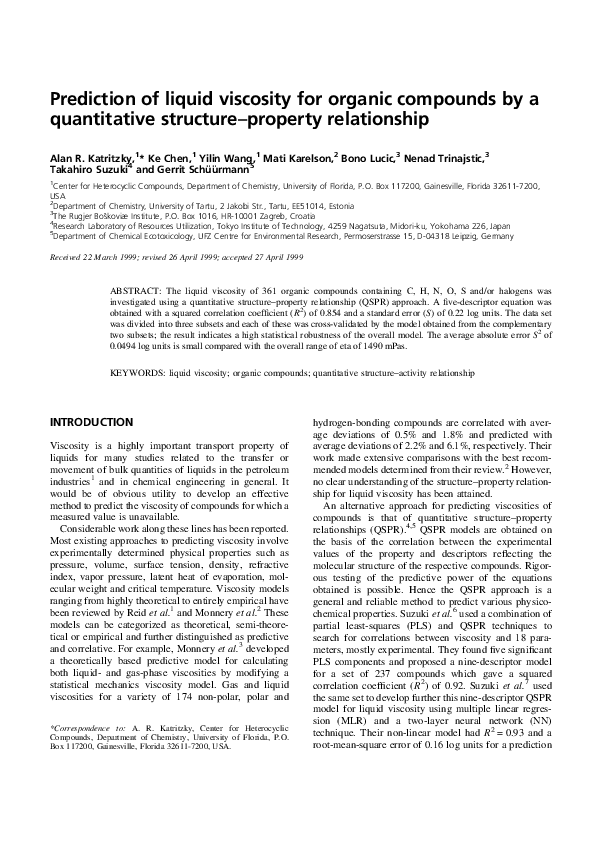 (PDF) Prediction of liquid viscosity for organic compounds by a ...