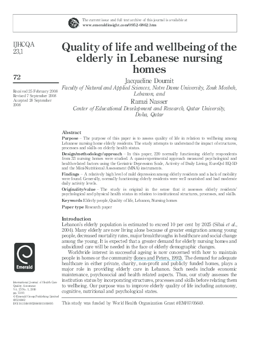 (PDF) Quality of life and wellbeing of the elderly in Lebanese nursing ...