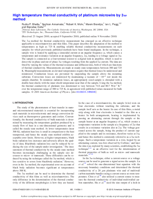 (PDF) High temperature thermal conductivity of platinum microwire by 3ω ...
