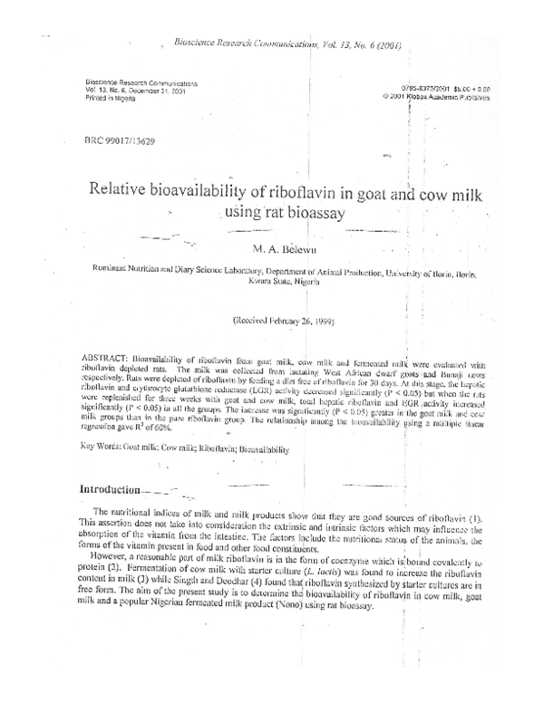 (PDF) RELATIVE BIOAVAILABILITY OF RIBOFLAVIN IN GOAT AND COW MILK USING ...