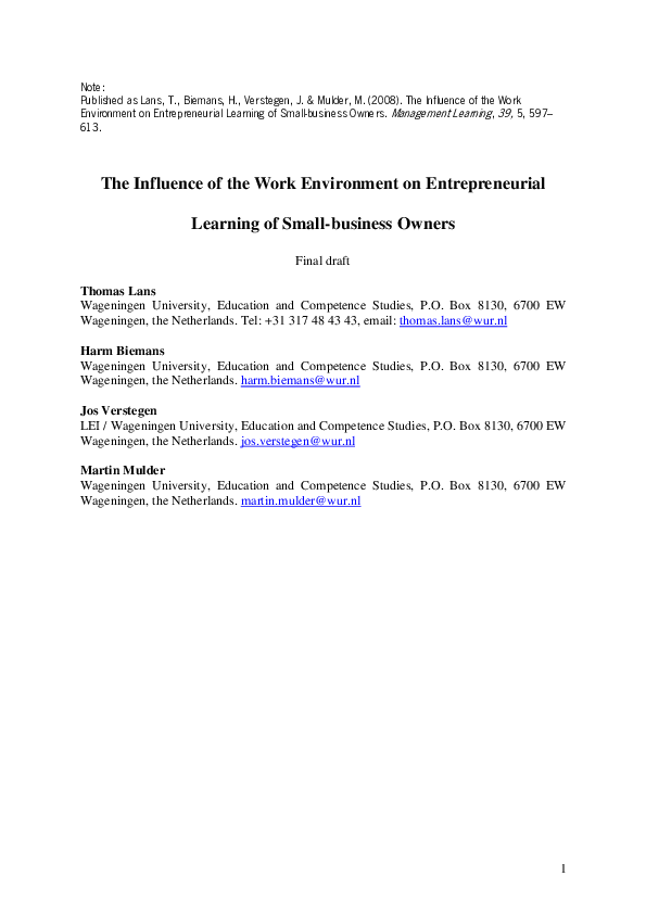 (PDF) The Influence of the Work Environment on Entrepreneurial Learning ...