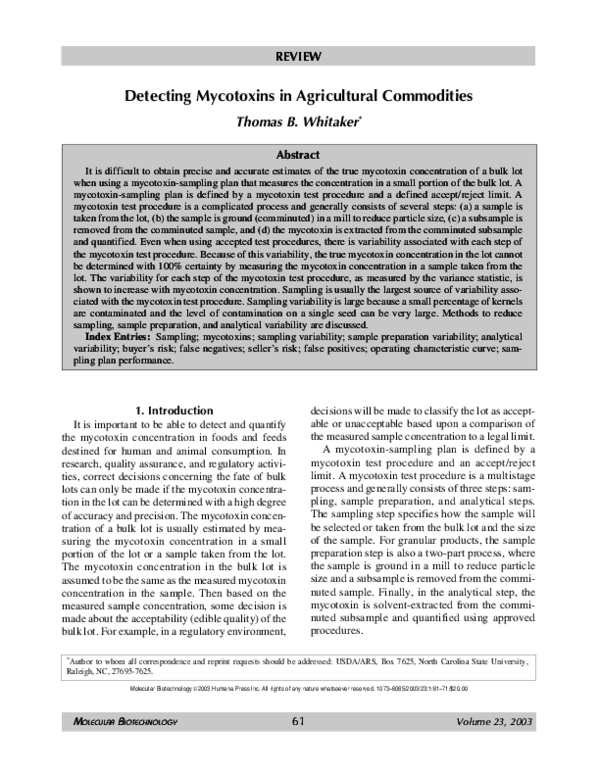 Pdf Detecting Mycotoxins In Agricultural Commodities