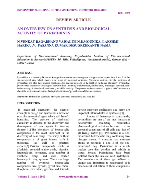 (PDF) AN OVERVIEW ON SYNTHESIS AND BIOLOGICAL ACTIVITY OF PYRIMIDINES