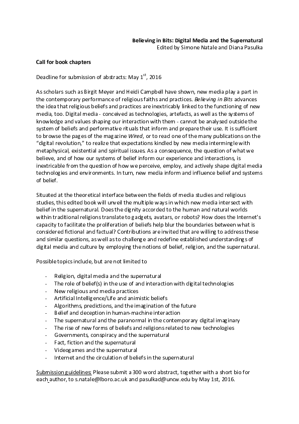 (PDF) Believing in Bits New Media and the Supernatural Call for Papers