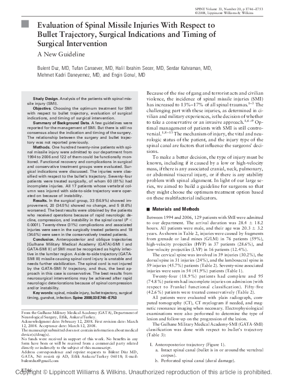 (PDF) Evaluation of Spinal Missile Injuries With Respect to Bullet ...