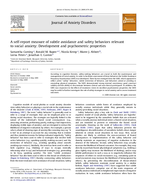 (PDF) A self-report measure of subtle avoidance and safety behaviors ...