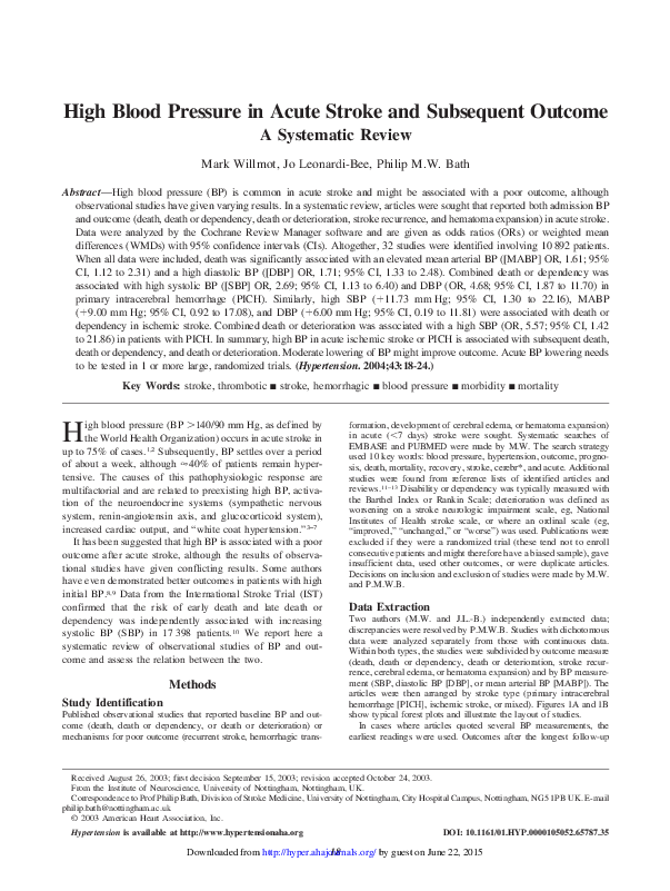 (PDF) High Blood Pressure in Acute Stroke and Subsequent Outcome A ...