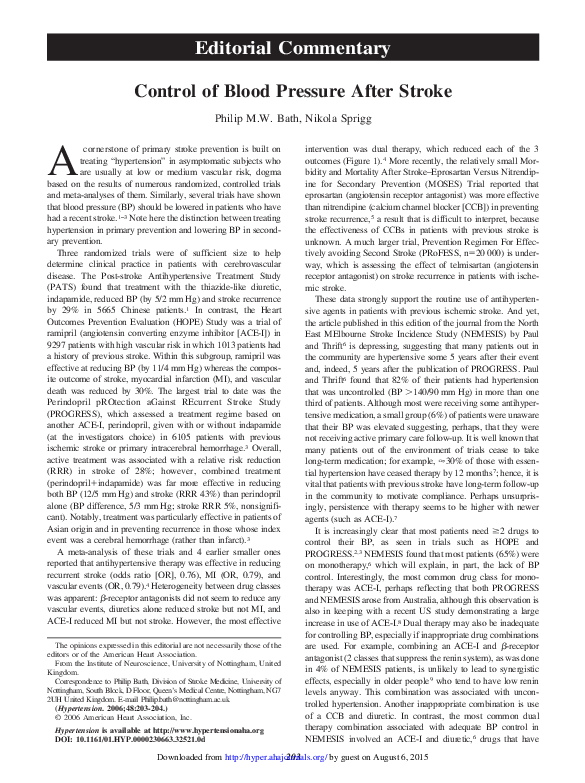 (PDF) Control of Blood Pressure After Stroke