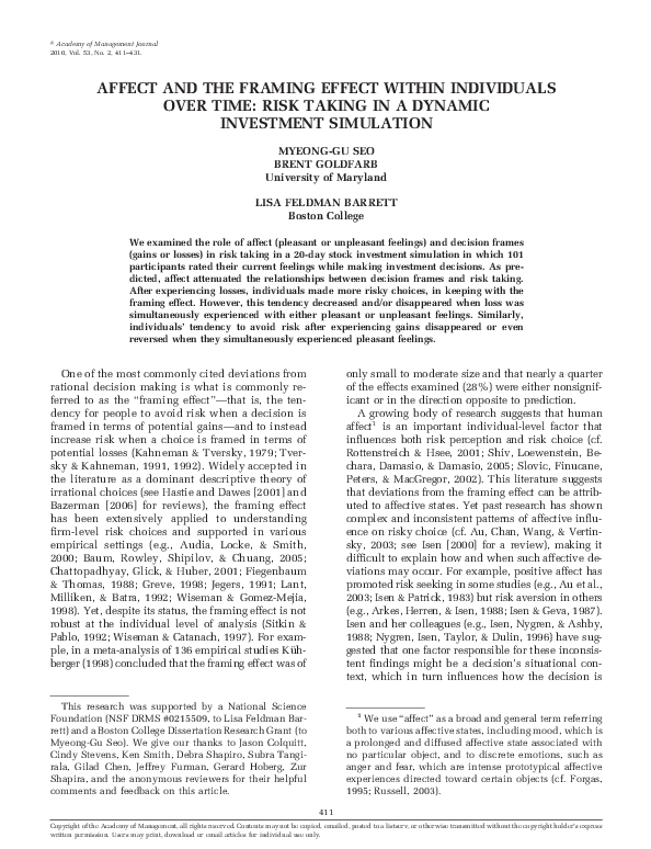 (PDF) Affect and the Framing Effect within Individuals over Time: Risk ...