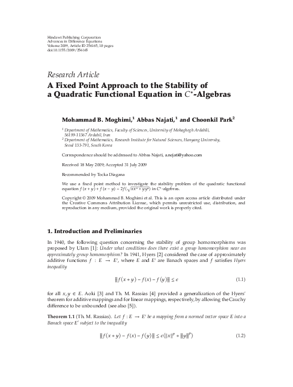 (PDF) A Fixed Point Approach to the Stability of a Quadratic Functional ...