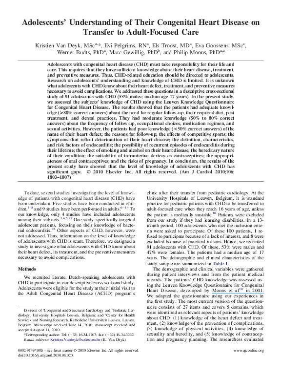 (PDF) Adolescents' Understanding of Their Congenital Heart Disease on ...