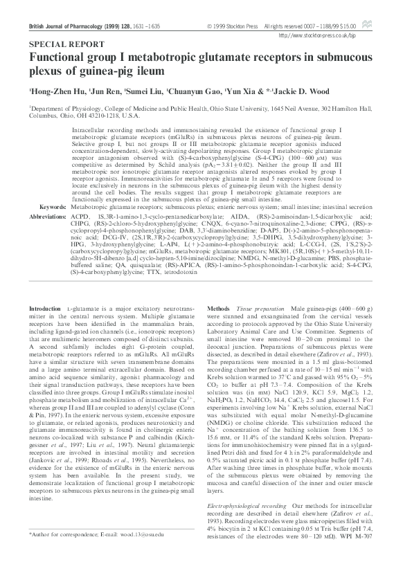 (PDF) Functional group I metabotropic glutamate receptors in submucous ...