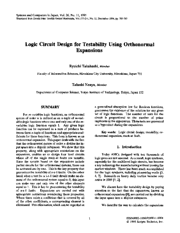 (PDF) Logic circuit design for testability using orthonormal expansions