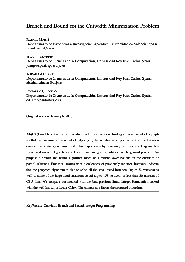 (PDF) Branch and bound for the cutwidth minimization problem