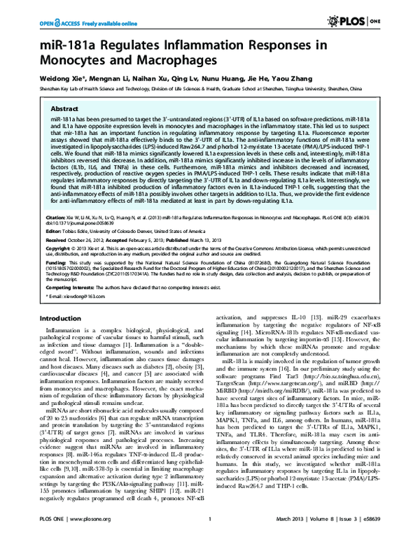 (PDF) miR-181a Regulates Inflammation Responses in Monocytes and ...