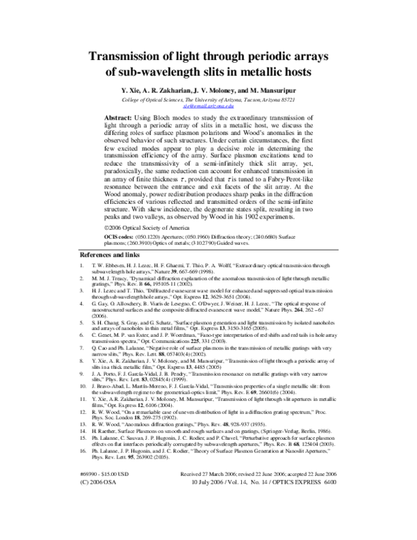 (PDF) Transmission of light through periodic arrays of sub-wavelength ...