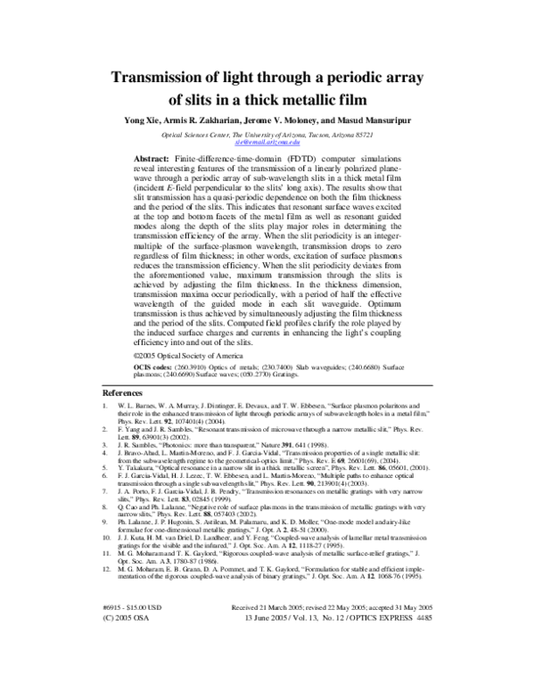 (PDF) Transmission of light through a periodic array of slits in a ...