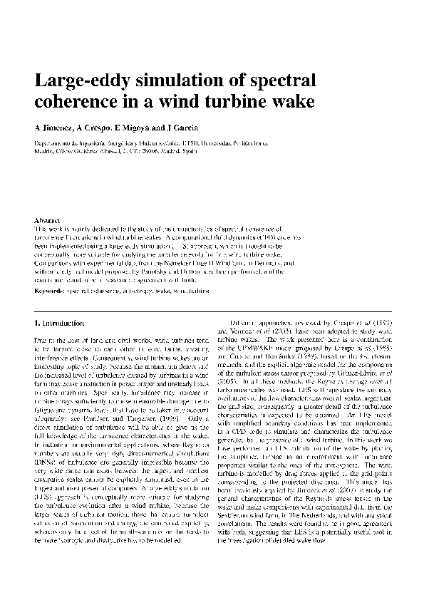 (PDF) Large-eddy simulation of spectral coherence in a wind turbine wake