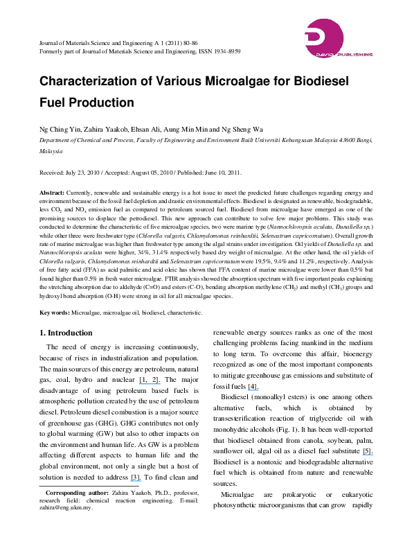 (PDF) Characterization of Various Microalgae for Biodiesel Fuel Production