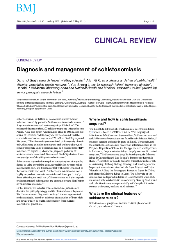 (PDF) Diagnosis and management of schistosomiasis