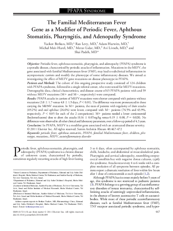 (PDF) The Familial Mediterranean Fever Gene as a Modifier of Periodic ...