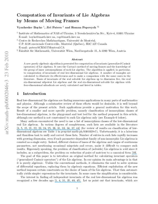 (PDF) Computation of invariants of Lie algebras by means of moving frames