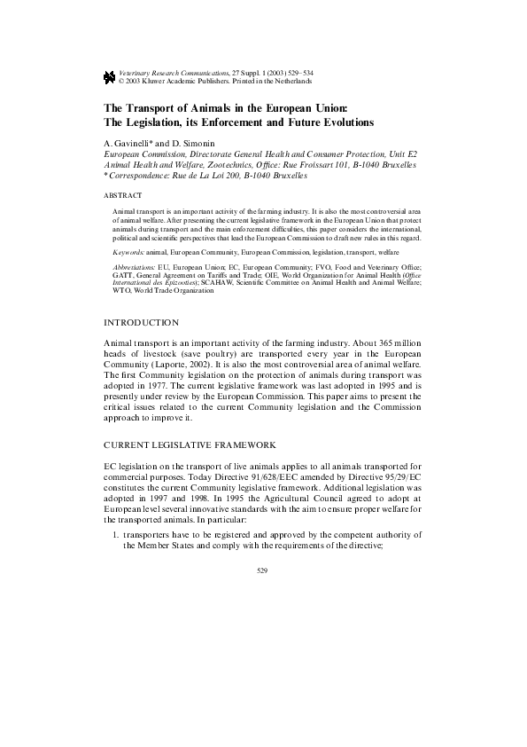 (PDF) The Transport of Animals in the European Union The Legislation, its Enforcement and