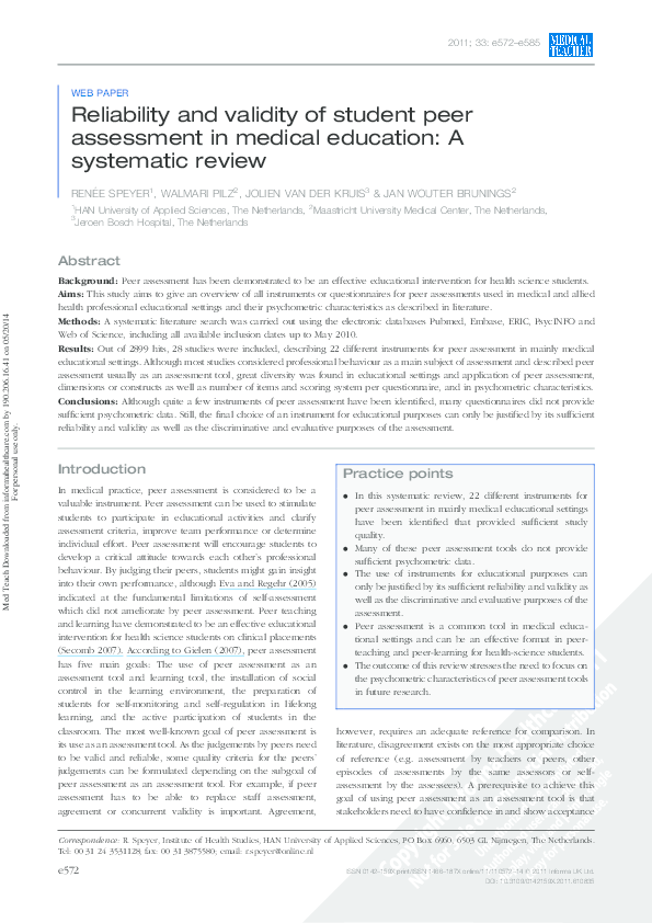 (PDF) Reliability and validity of student peer assessment in medical ...