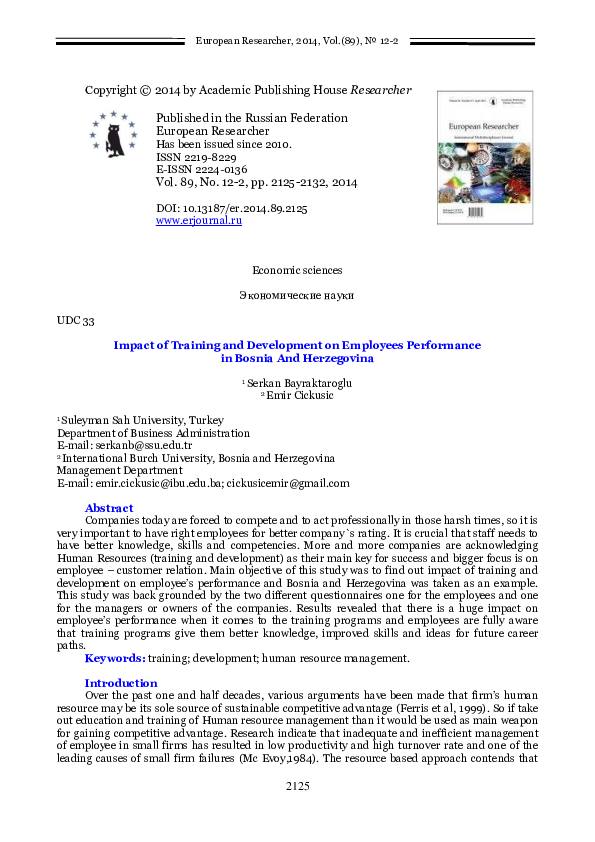 Pdf Impact Of Training And Development On The Employee Performance A Case Study From Different Banking Sectors Of North Punjab Zeeshan Haider Naqvi Hamad And Emir Cickusic Academia Edu