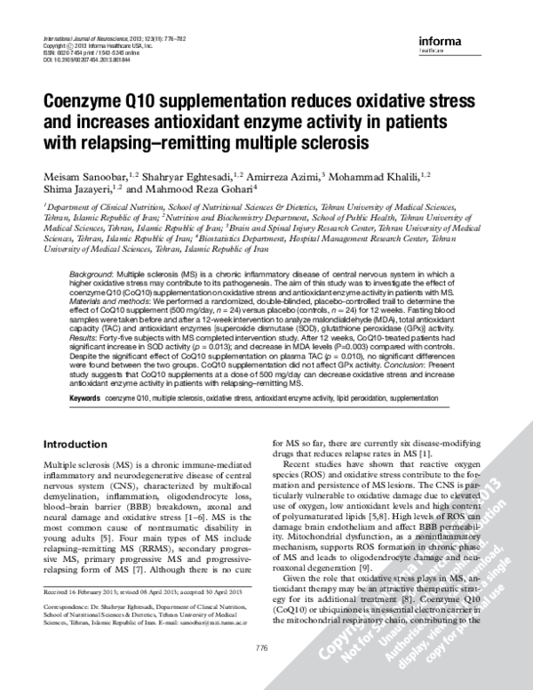 (PDF) Coenzyme Q10 supplementation reduces oxidative stress and ...