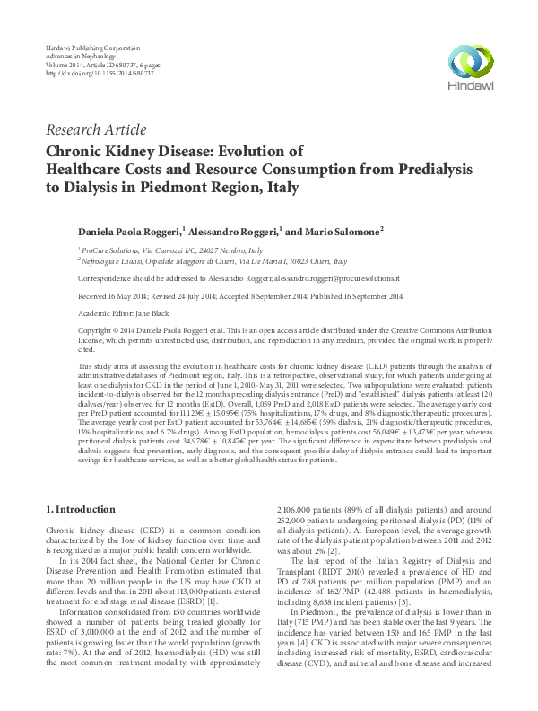 (PDF) Chronic Kidney Disease: Evolution of Healthcare Costs and ...