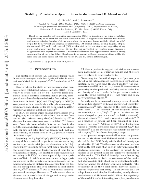 (PDF) Stability of metallic stripes in the one-band extended Hubbard model