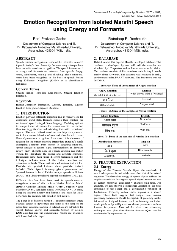 (PDF) Emotion Recognition from Isolated Marathi Speech using Energy and ...