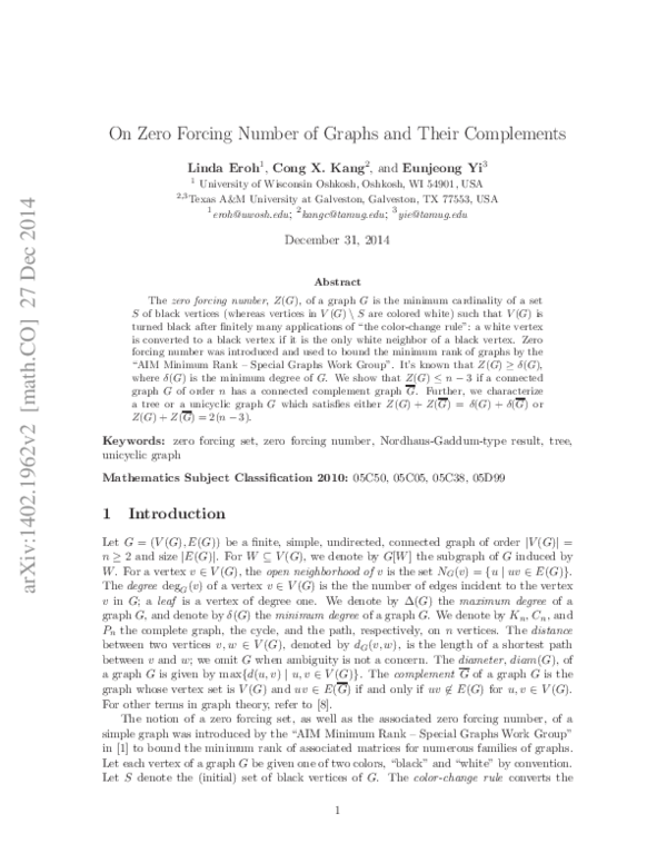 (PDF) On zero forcing number of graphs and their complements