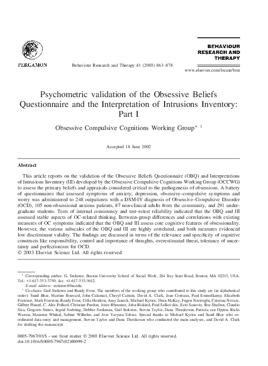 (PDF) Psychometric validation of the Obsessive Beliefs Questionnaire ...