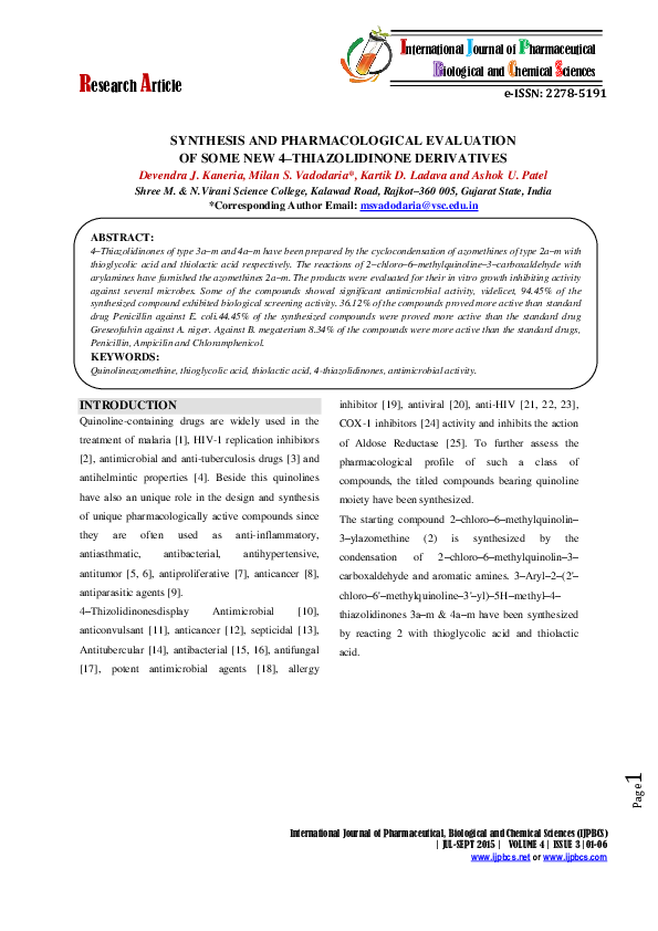 (PDF) SYNTHESIS AND PHARMACOLOGICAL EVALUATION OF SOME NEW 4 ...